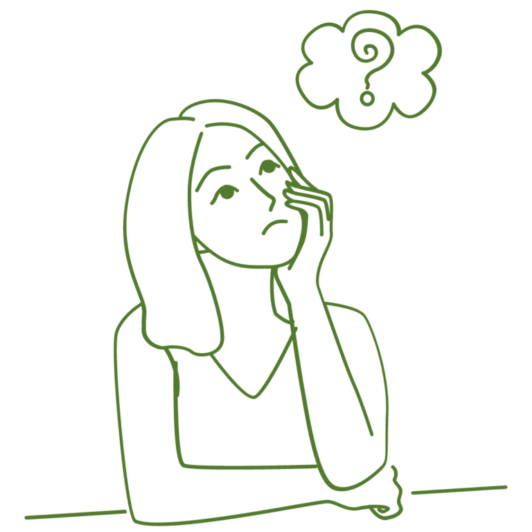 woman with her head on her chin thinking, speech bubble with question mark